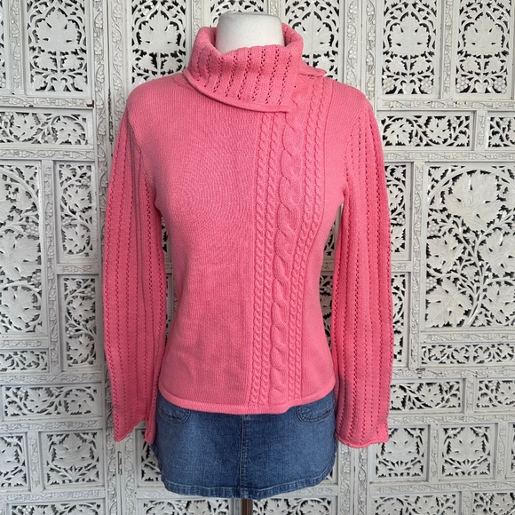 Axcess Liz Claiborne Coral Pink Cable Knit Chunky Bell Sleeve Turtleneck Sweater - Picture 1 of 7